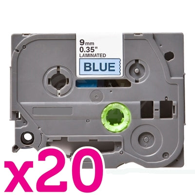20 x Brother TZe-521 Generic 9mm Black Text on Blue Laminated Tape - 8 meters