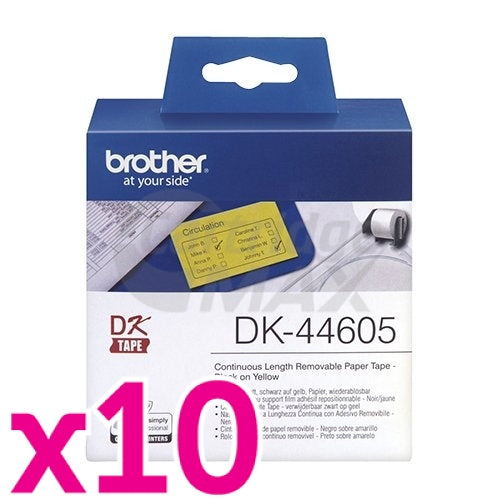 10 x Brother DK-44605 Original Removable Black Text on Yellow Continuous Paper Label Roll 62mm x 30.48m