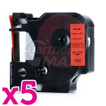 5 x Dymo SD45017 / S0720570 Generic 12mm Black Text on Red Label Cassette - 7 meters