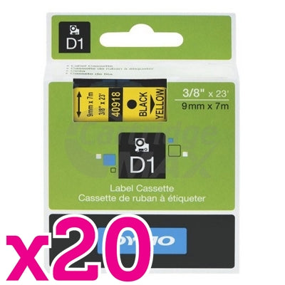 20 x Dymo SD40918 / S0720730 Original 9mm Black Text on Yellow Label Cassette - 7 meters