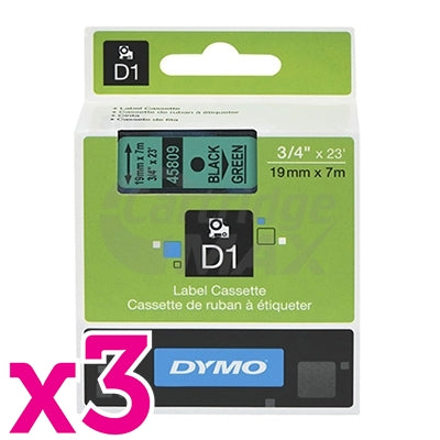 3 x Dymo SD45809 / S0720890 Original 19mm Black Text on Green Label Cassette - 7 meters