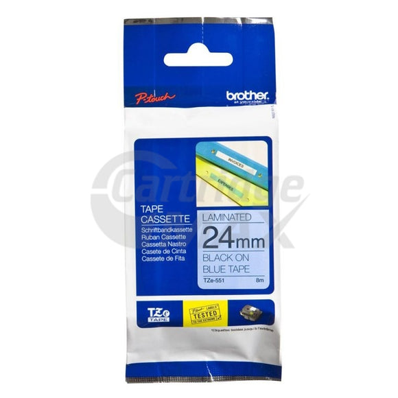 Brother TZe-551 Original 24mm Black Text on Blue Laminated Tape - 8 meters