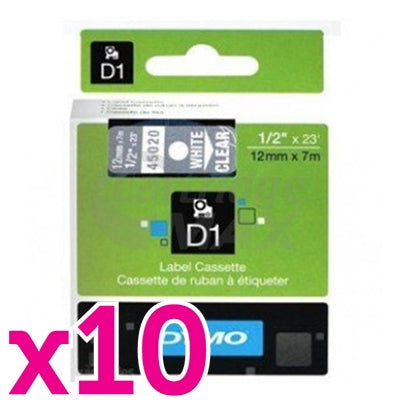 10 x Dymo SD45020 / S0720600 Original 12mm White Text on Clear Label Cassette - 7 meters
