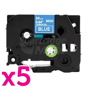 5 x Brother TZe-555 Generic 24mm White Text on Blue Laminated Tape - 8 meters