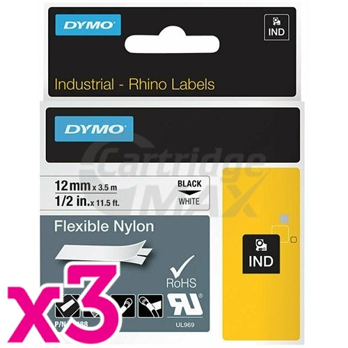 3 x Dymo SD18488 Original 12mm Black Text on White Flexible Nylon Industrial Rhino Label Cassette - 3.5 meters