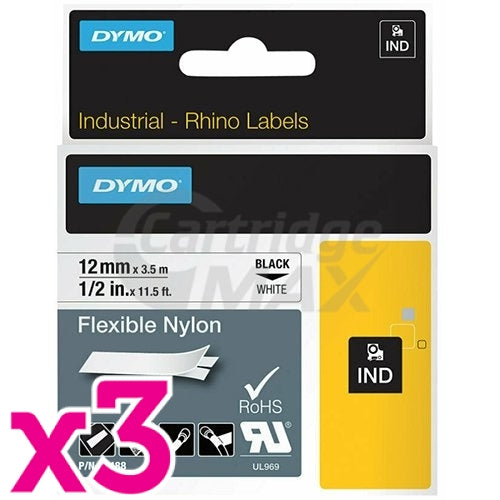 3 x Dymo SD18488 Original 12mm Black Text on White Flexible Nylon Industrial Rhino Label Cassette - 3.5 meters