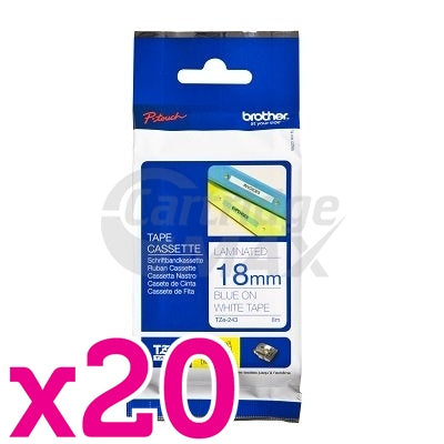 20 x Brother TZe-243 Original 18mm Blue Text on White Laminated Tape - 8 meters