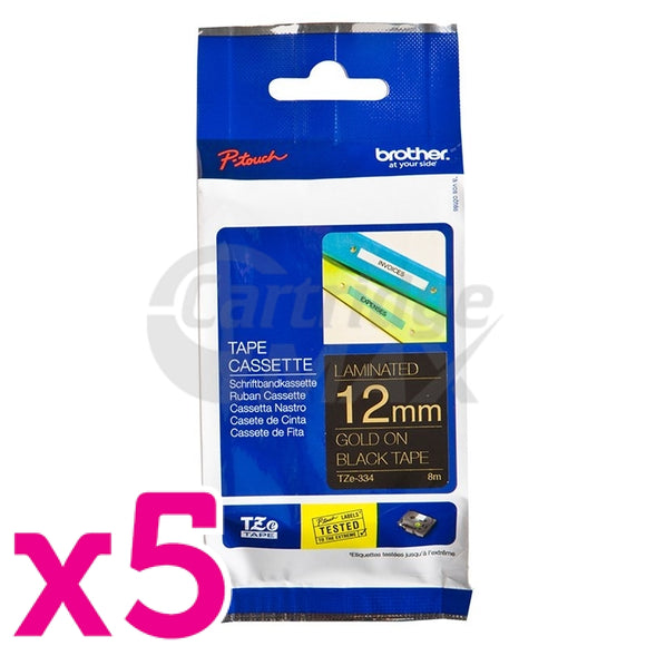 5 x Brother TZe-334 Original 12mm Gold Text on Black Laminated Tape - 8 meters