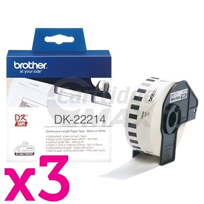 3 x Brother DK-22214 Original Black Text on White Continuous Paper Label Roll 12mm x 30.48m