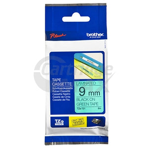 Brother TZe-721 Original 9mm Black Text on Green Laminated Tape - 8 meters