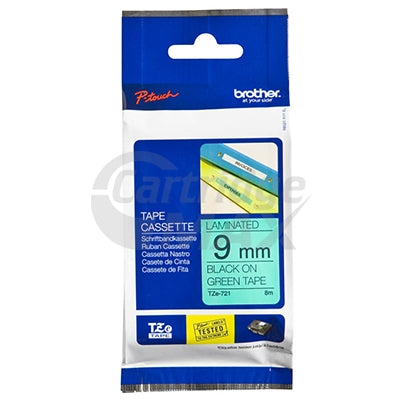 Brother TZe-721 Original 9mm Black Text on Green Laminated Tape - 8 meters