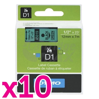 10 x Dymo SD45019 / S0720590 Original 12mm Black Text on Green Label Cassette - 7 meters