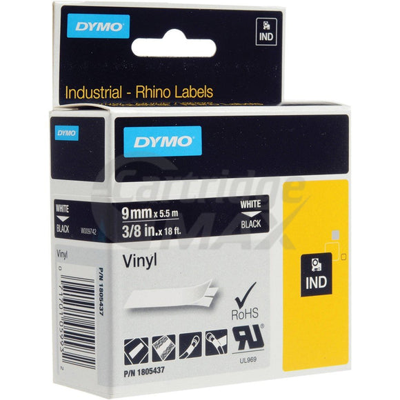 Dymo SD1805437 Original 9mm White Text on Black Vinyl Industrial Rhino Label Cassette - 5.5 meters