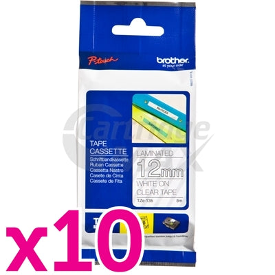 10 x Brother TZe-135 Original 12mm White Text on Clear Laminated Tape - 8 meters
