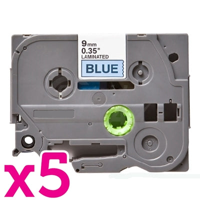 5 x Brother TZe-521 Generic 9mm Black Text on Blue Laminated Tape - 8 meters