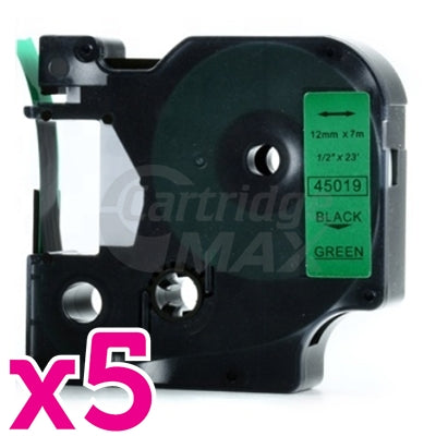 5 x Dymo SD45019 / S0720590 Generic 12mm Black Text on Green Label Cassette - 7 meters