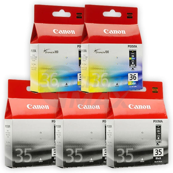 5 Pack Canon PGI-35BK CLI-36C Original InkJet Cartridges [3BK,2C]