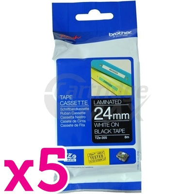 5 x Brother TZe-355 Original 24mm White Text on Black Laminated Tape - 8 metres