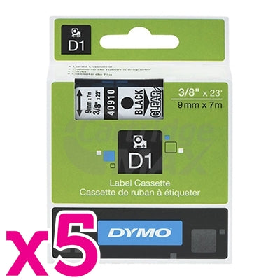 5 x Dymo SD40910 / S0720670 Original 9mm Black Text on Clear Label Cassette - 7 meters