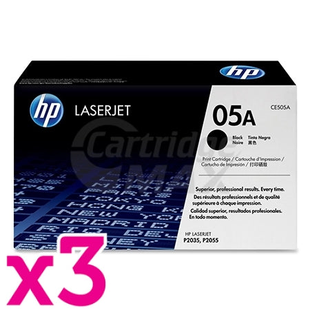 3 x HP CE505A (05A) Original Black Toner Cartridge - 2,300 Pages