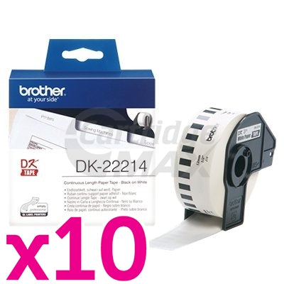 10 x Brother DK-22214 Original Black Text on White Continuous Paper Label Roll 12mm x 30.48m