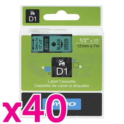 40 x Dymo SD45019 / S0720590 Original 12mm Black Text on Green Label Cassette - 7 meters
