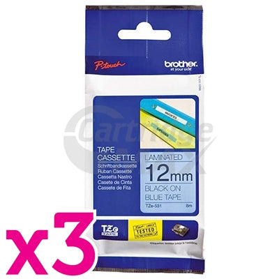 3 x Brother TZe-531 Original 12mm Black Text on Blue Laminated Tape - 8 meters