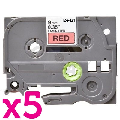 5 x Brother TZe-421 Generic 9mm Black Text on Red Laminated Tape - 8 meters