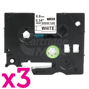 3 x Brother HSe-221 Generic 8.8mm Black Text on White Heat Shrink Tube Tape - 1.5 meters