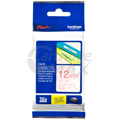 Brother TZe-132 Original 12mm Red Text on Clear Laminated Tape - 8 meters
