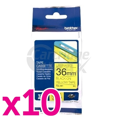 10 x Brother TZe-S661 Original 36mm Black Text on Yellow Strong Adhesive Laminated Tape - 8 metres