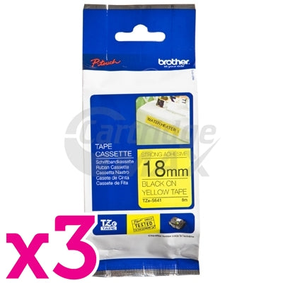 3 x Brother TZe-S641 Original 18mm Black Text on Yellow Strong Adhesive Laminated Tape - 8 metres