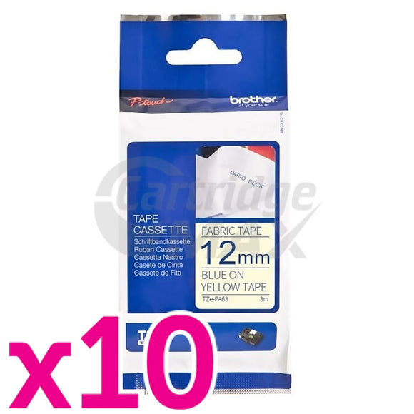 10 x Brother TZe-FA63 Original 12mm Blue Text on Yellow Fabric Tape - 3 meters