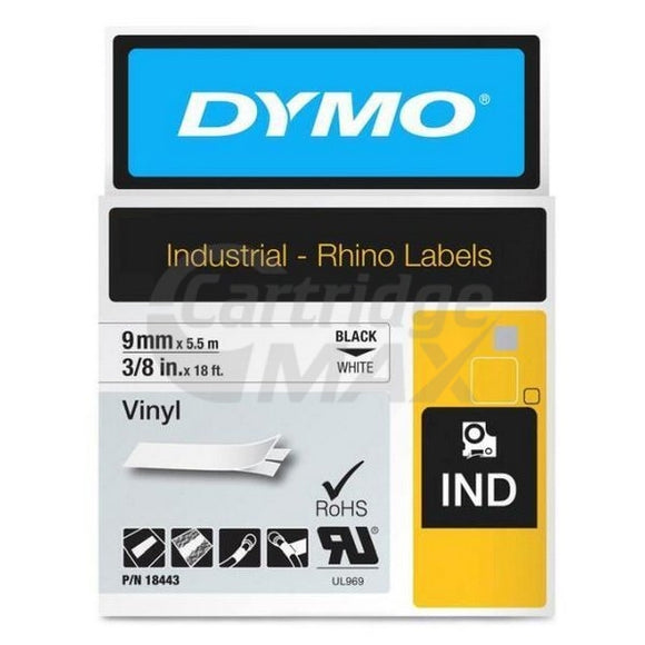 Dymo 18443 Original 9mm Black Text on White Vinyl Industrial Rhino Label Cassette - 5.5 meters