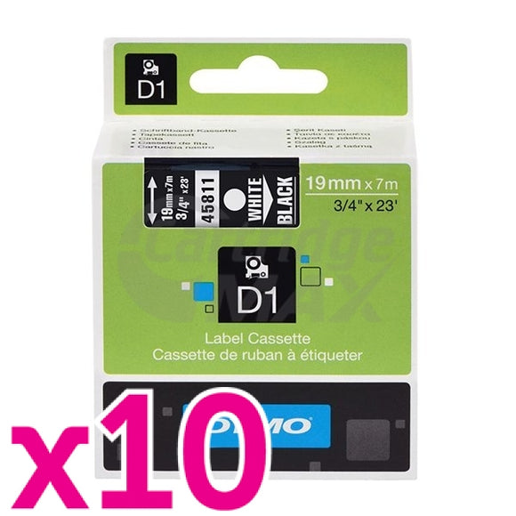 10 x Dymo SD45811 / S0720910 Original 19mm White Text on Black Label Cassette - 7 meters