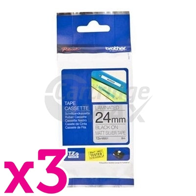 3 x Brother TZe-M951 Original 24mm Black Text on Matt Silver Laminated Tape - 8 metres