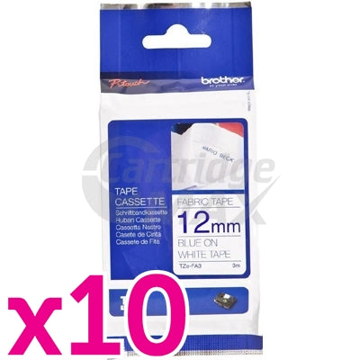 10 x Brother TZe-FA3 Original 12mm Blue Text on White Fabric Tape - 3 meters