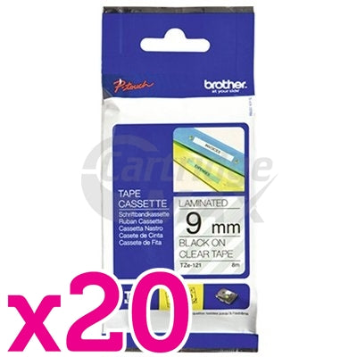 20 x Brother TZe-121 Original 9mm Black Text on Clear Laminated Tape - 8 meters