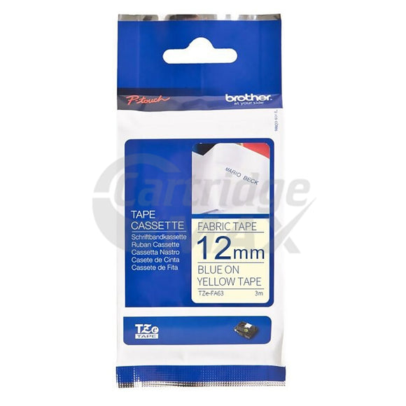 Brother TZe-FA63 Original 12mm Blue Text on Yellow Fabric Tape - 3 meters