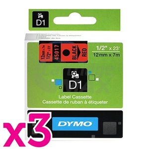 3 x Dymo SD45017 / S0720570 Original 12mm Black Text on Red Label Cassette - 7 meters