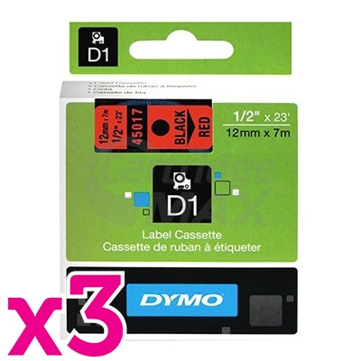 3 x Dymo SD45017 / S0720570 Original 12mm Black Text on Red Label Cassette - 7 meters