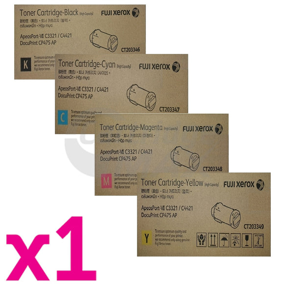 4 Pack Original Fuji Xerox ApeosPort-VII C4421 / C3321, DocuPrint CP475 AP High Yield Toner Cartridges [CT203346-CT203349]
