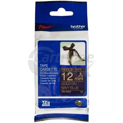 Brother TZe-RN34 Original 12mm Gold Text on Navy Blue Ribbon Tape - 4 metres