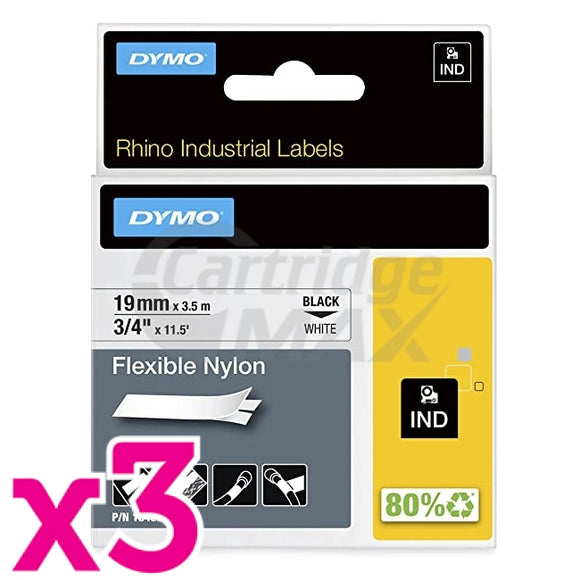 3 x Dymo SD18489 Original 19mm Black Text on White Flexible Nylon Industrial Rhino Label Cassette - 3.5 meters
