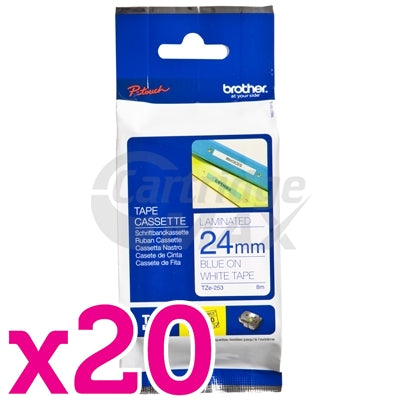 20 x Brother TZe-253 Original 24mm Blue Text on White Laminated Tape - 8 meters