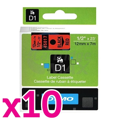 10 x Dymo SD45017 / S0720570 Original 12mm Black Text on Red Label Cassette - 7 meters