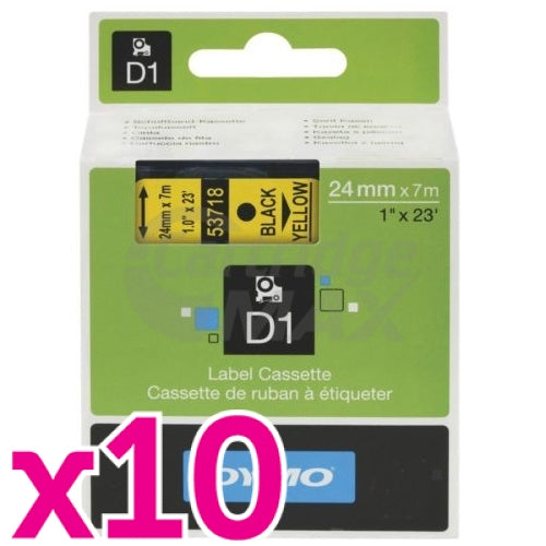 10 x Dymo D1 SD53718 / S0720980 Original 24mm Black Text on Yellow Label Cassette - 7 meters