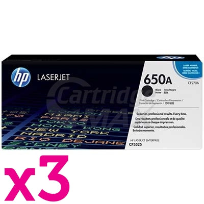 3 x HP CE270A (650A) Original Black Toner Cartridge  - 13,500 Pages