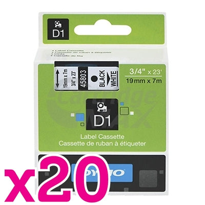 20 x Dymo SD45803 / S0720830 Original 19mm Black Text on White Label Cassette - 7 meters