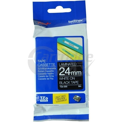 Brother TZe-355 Original 24mm White Text on Black Laminated Tape - 8 metres